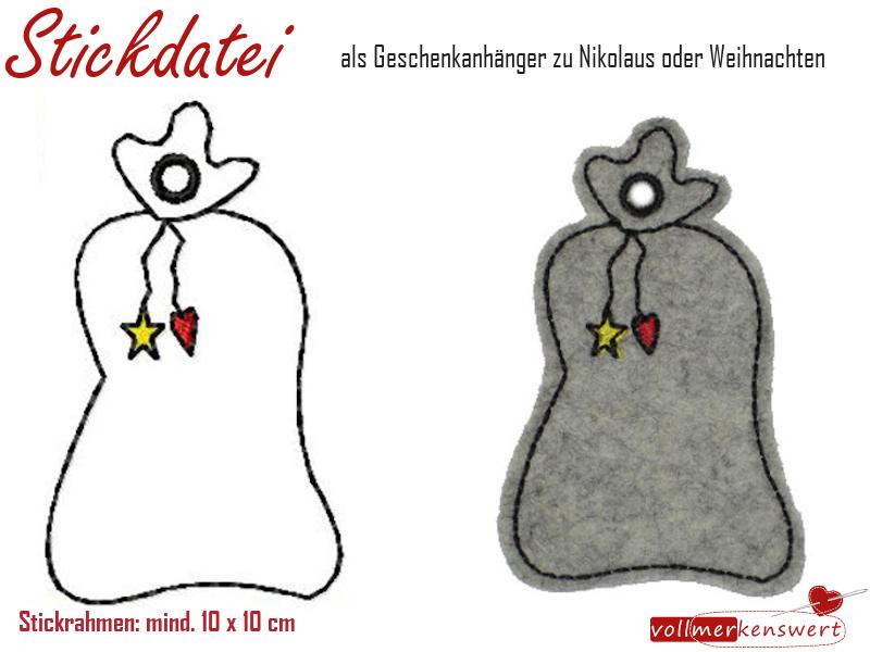 Stickdatei Geschenke-Anhänger zu Weihnachten oder Nikolaus für 10x10er Rahmen S021